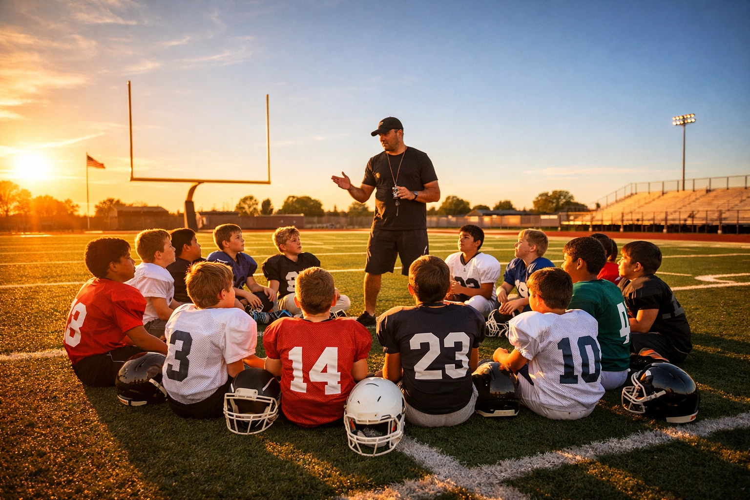Coach instructing a group of young athletes at a Capital QBs spring training football camp.