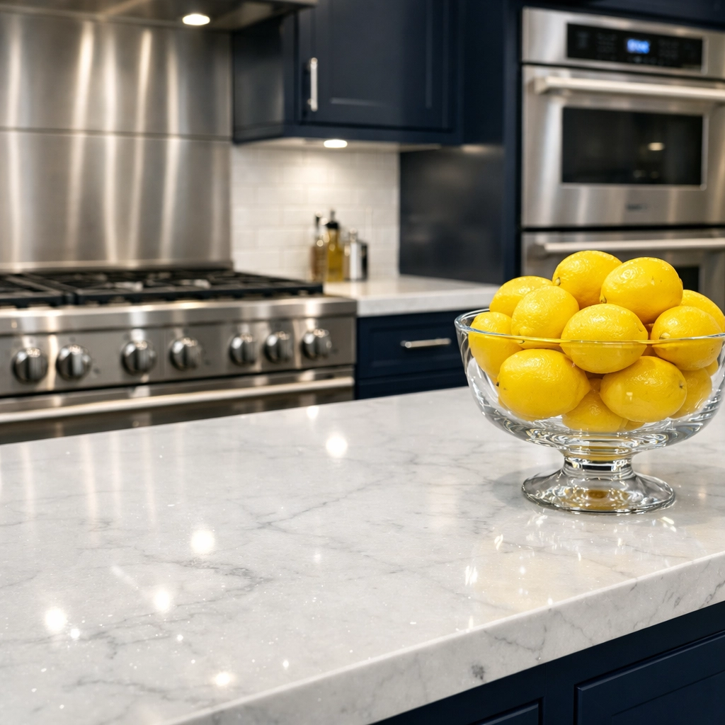 Deep cleaning results on a white marble kitchen countertop in a modern Franklin, Massachusetts home.