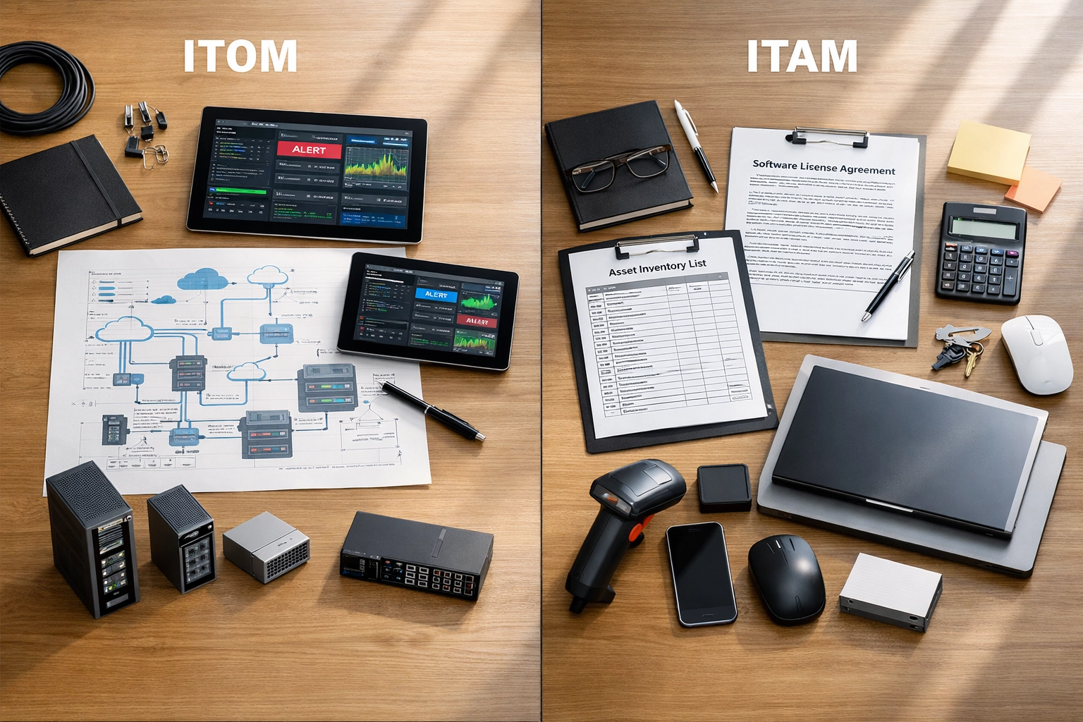Side-by-side comparison of ITOM infrastructure monitoring and ITAM software license management workspaces