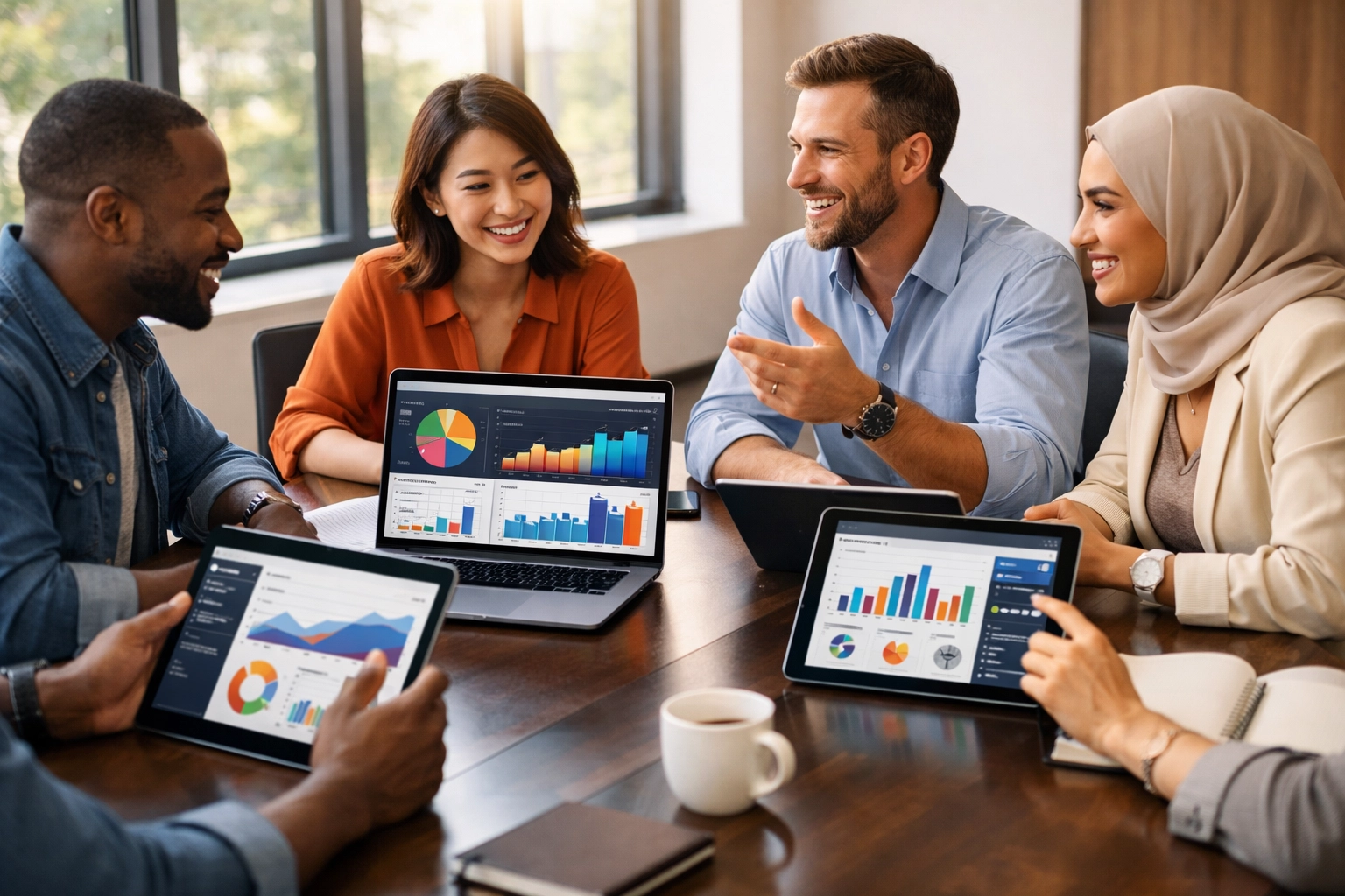 Small business owners collaborating with AI marketing analytics and data dashboards