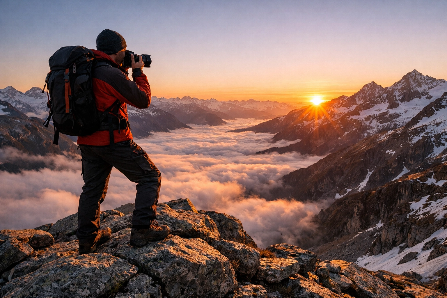 Photographer on a mountain peak at golden hour, capturing authentic travel photography in the Alps.