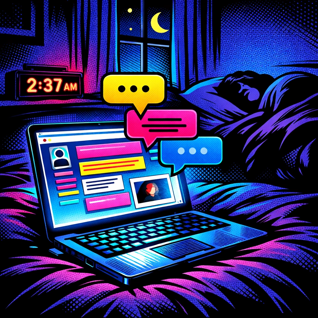 AI chatbot answering customer questions at 2 AM while business owner sleeps peacefully