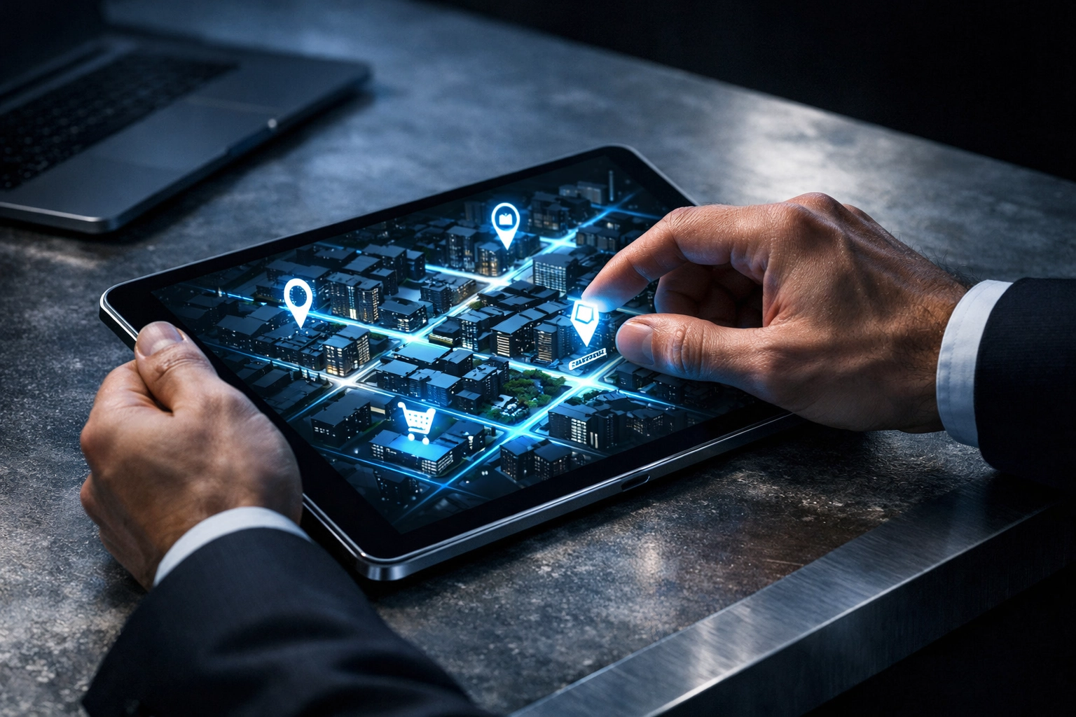 Close-up of a digital map on a tablet showing local business locations and neighborhood authority.