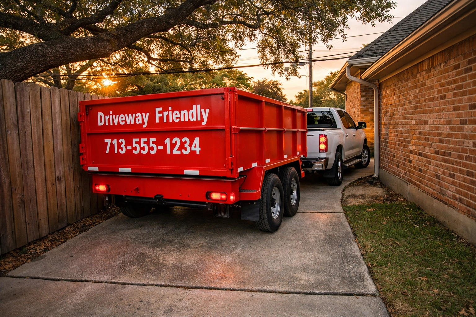 Driveway-safe mobile dumpster trailer being parked in a tight Houston driveway for residential junk removal.