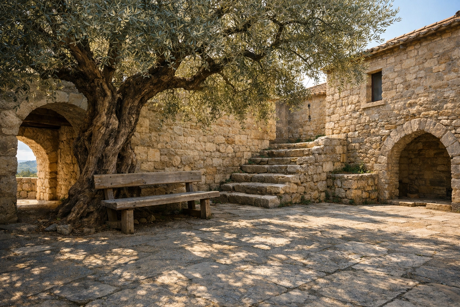 A peaceful stone courtyard in a rural European village illustrating authentic heritage travel experiences.