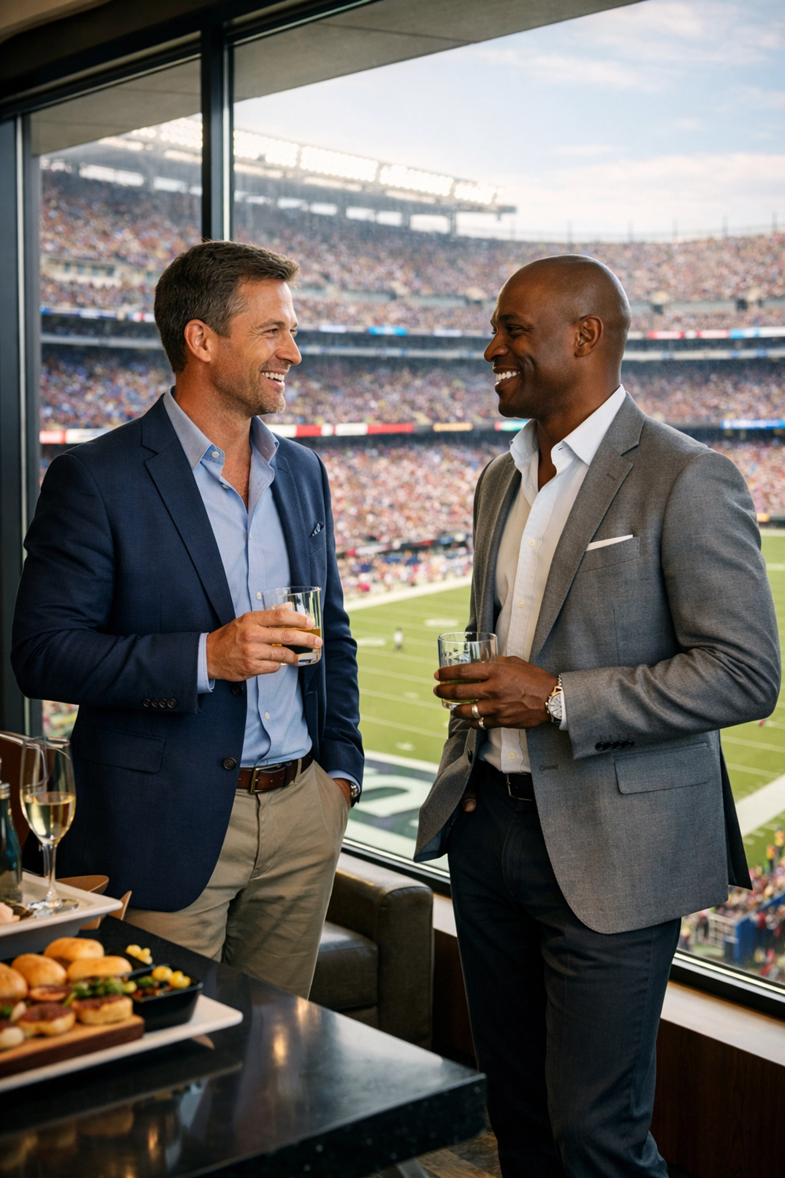 Executives networking in a luxury Super Bowl hospitality suite overlooking the stadium field.