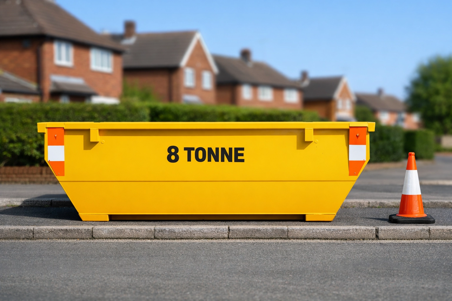 Yellow 8 tonne skip with safety markings parked on a Huyton residential street for skip hire.