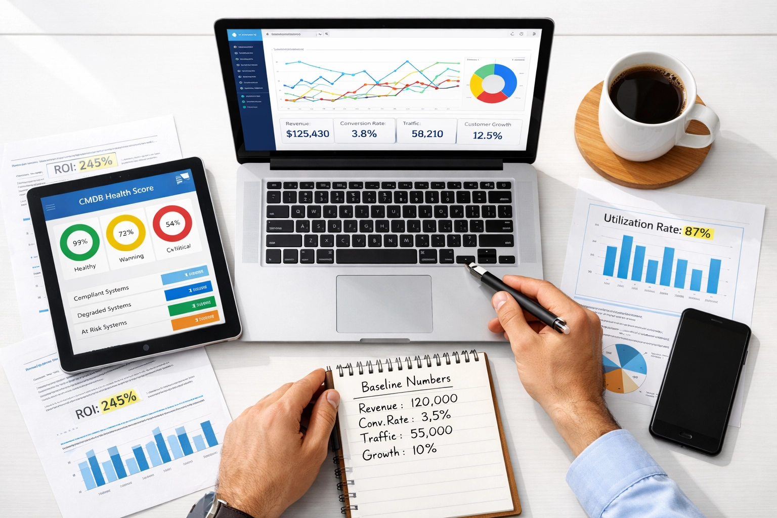 ServiceNow ROI baseline metrics dashboard showing ITOM performance and license utilization data