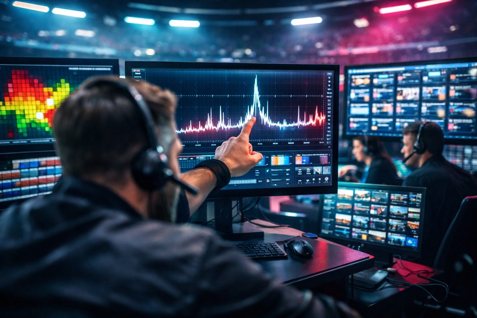 Analysts in a marketing command center tracking real-time fan sentiment and social media engagement.