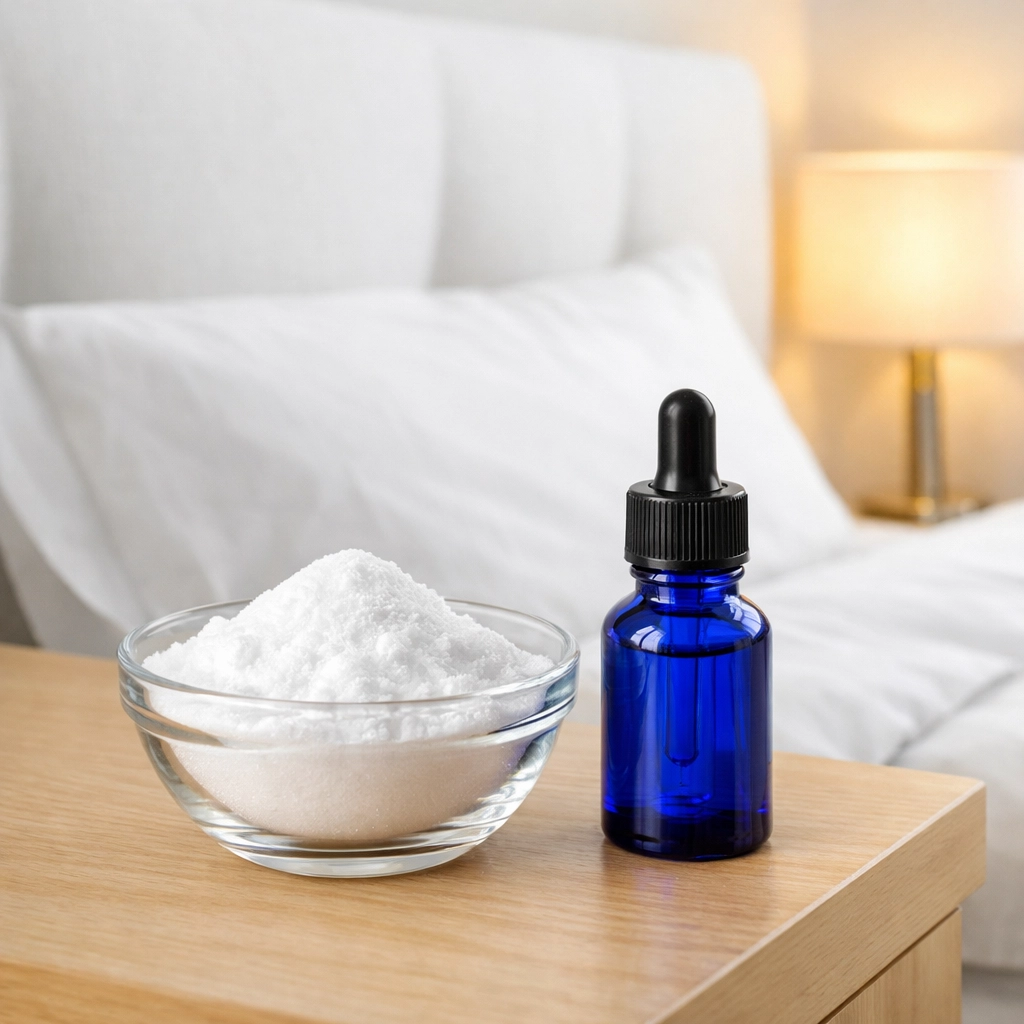 Natural cleaning ingredients like baking soda and essential oils for an eco-friendly bedroom.