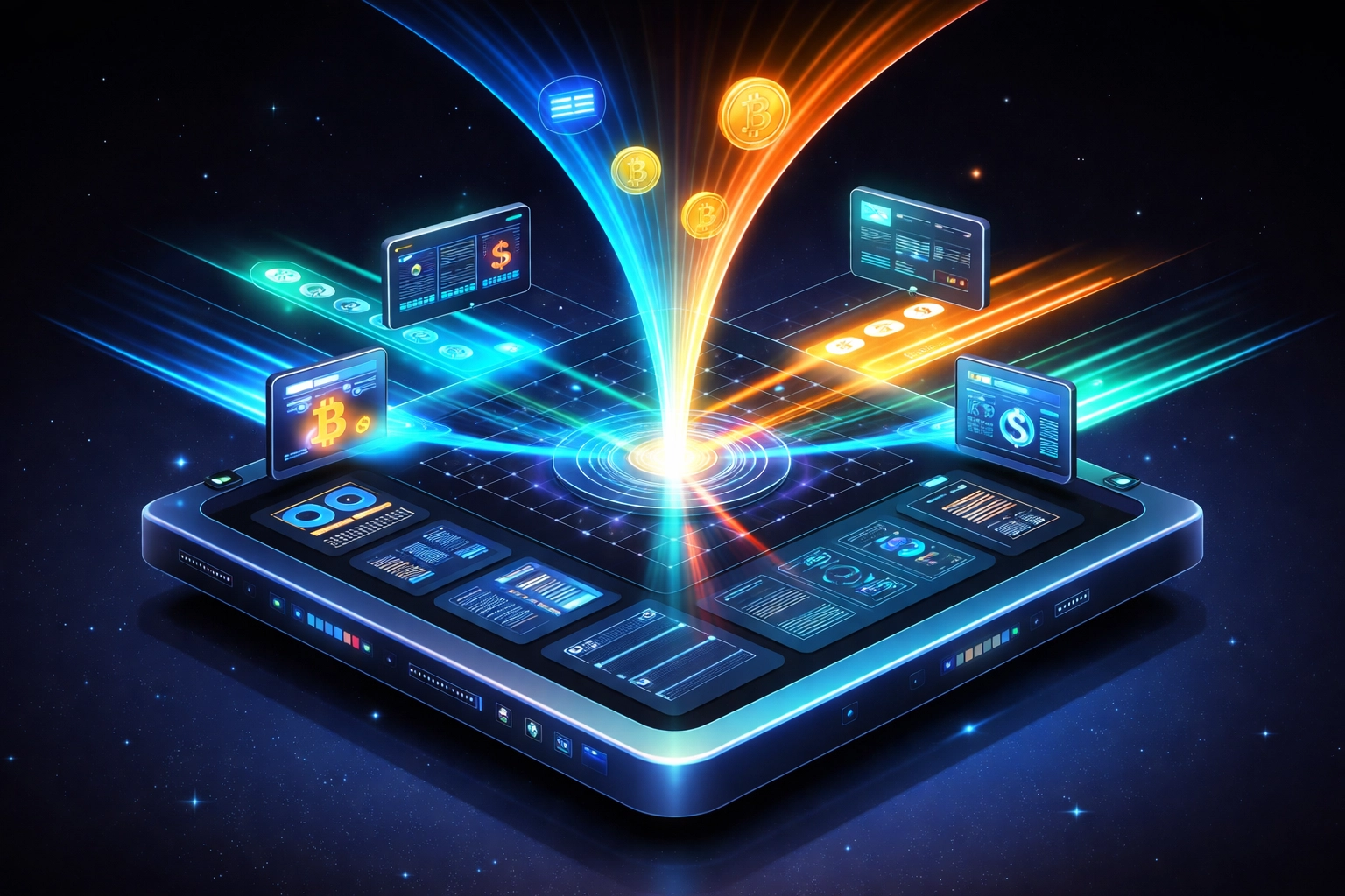 A futuristic dashboard unifying multiple payment streams, illustrating payment orchestration and efficiency for merchants using crypto.