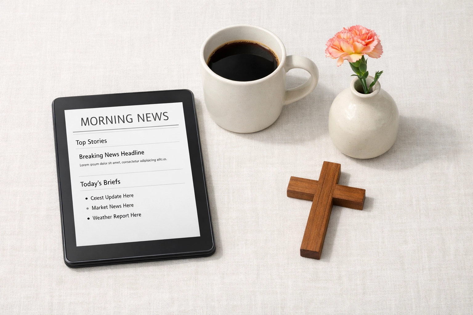 Minimal morning news setup with tablet, coffee, and cross for peaceful news reading