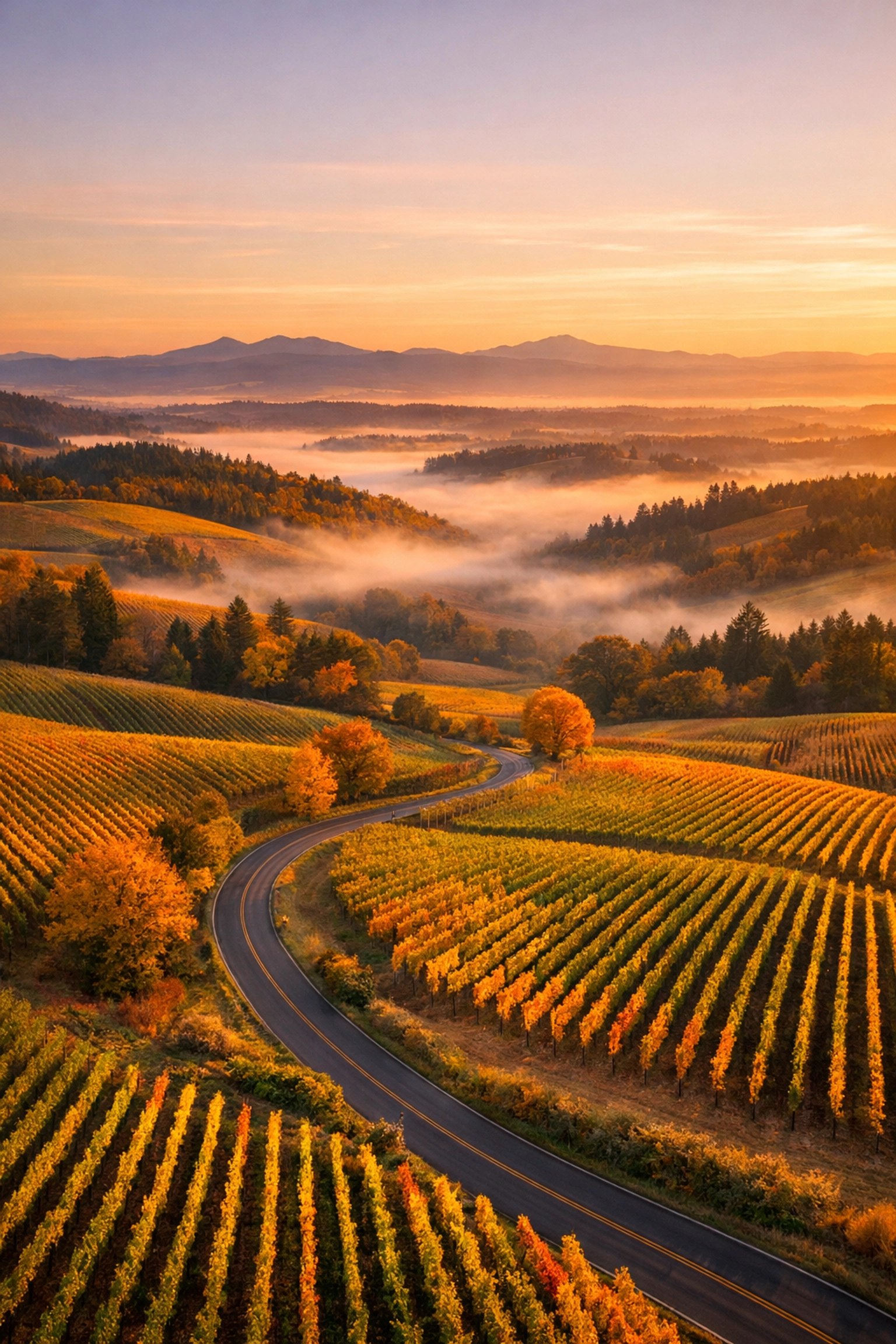 Aerial view of Willamette Valley Oregon vineyards during golden hour harvest season