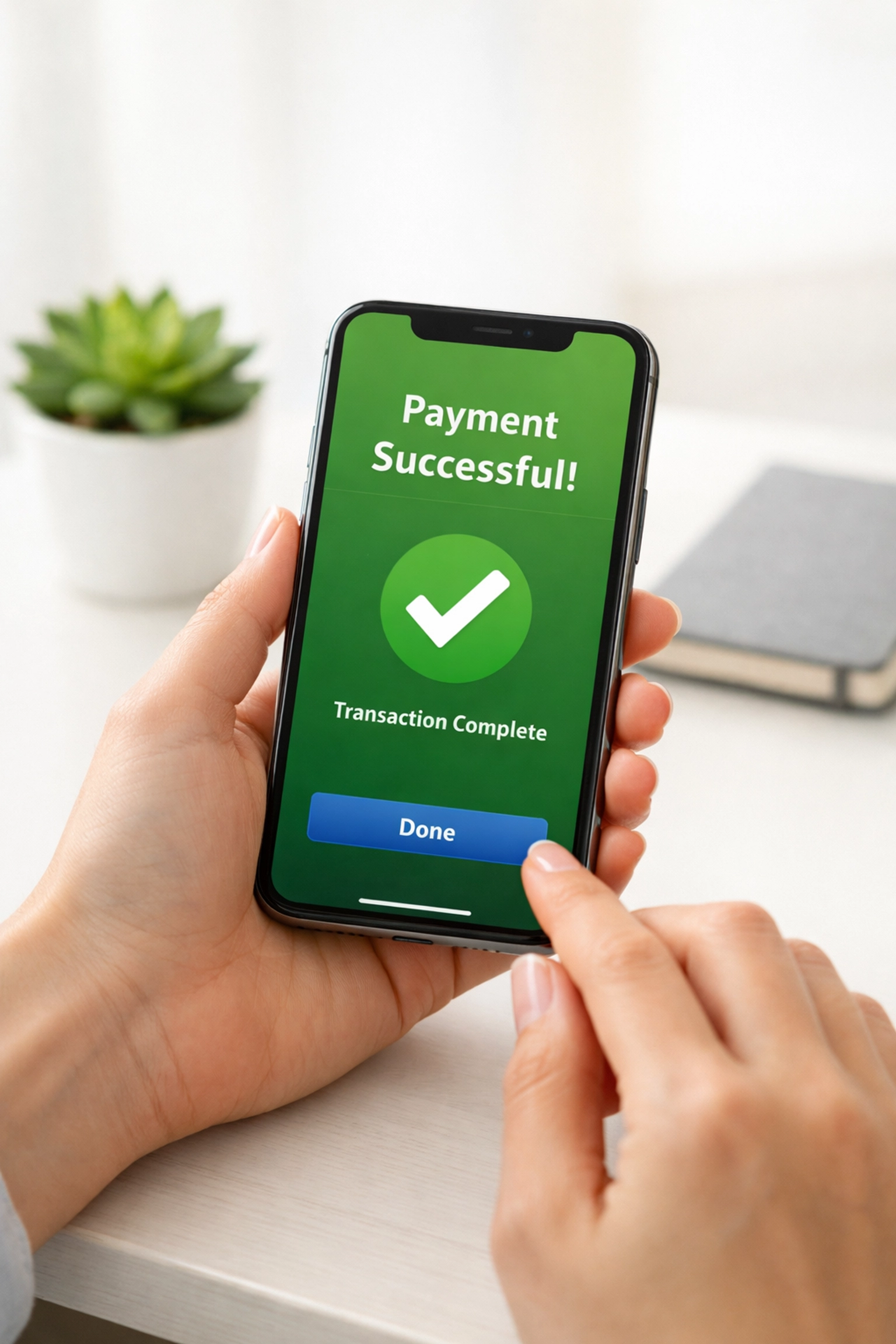 Person applying for a payday loan online in Alberta using a smartphone in a bright home office.