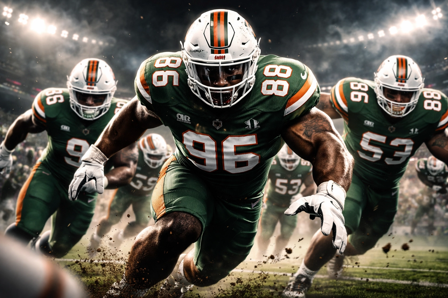 Miami Hurricanes defensive linemen charging the line, representing a dominant and aggressive 2026 defensive front.