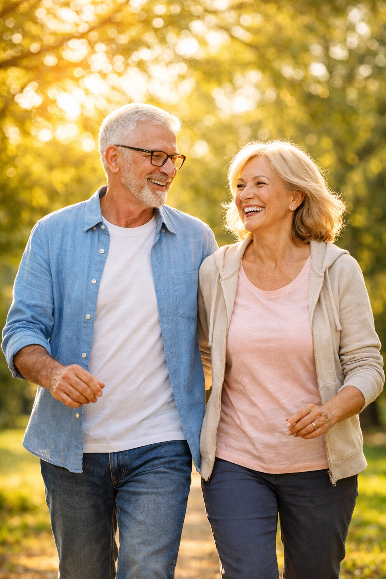 A healthy senior couple walking in a park, protected by Medicare Advantage and Medigap insurance.