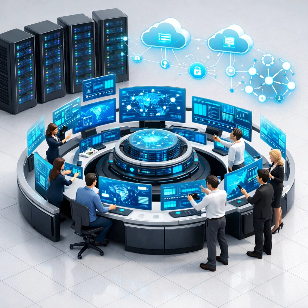Modern IT operations center showing ServiceNow ITOM implementation with network topology and infrastructure monitoring