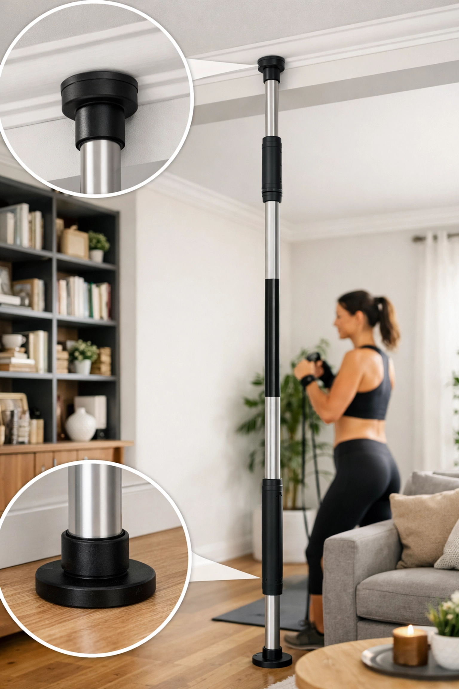 Portable no wall damage workout system installed in a stylish living room for home calisthenics.