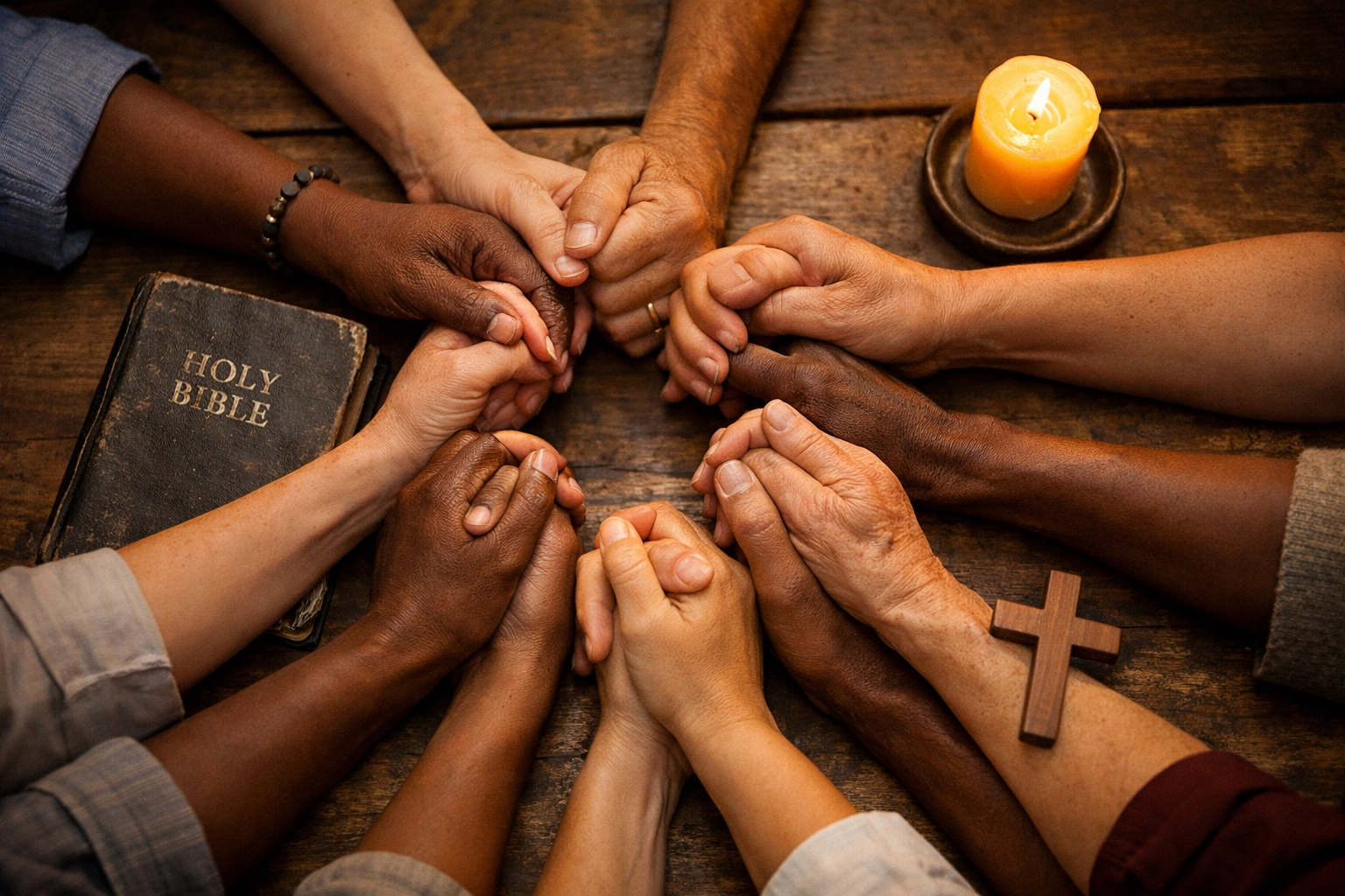 Diverse hands joined in prayer circle interceding for Ukraine and world peace