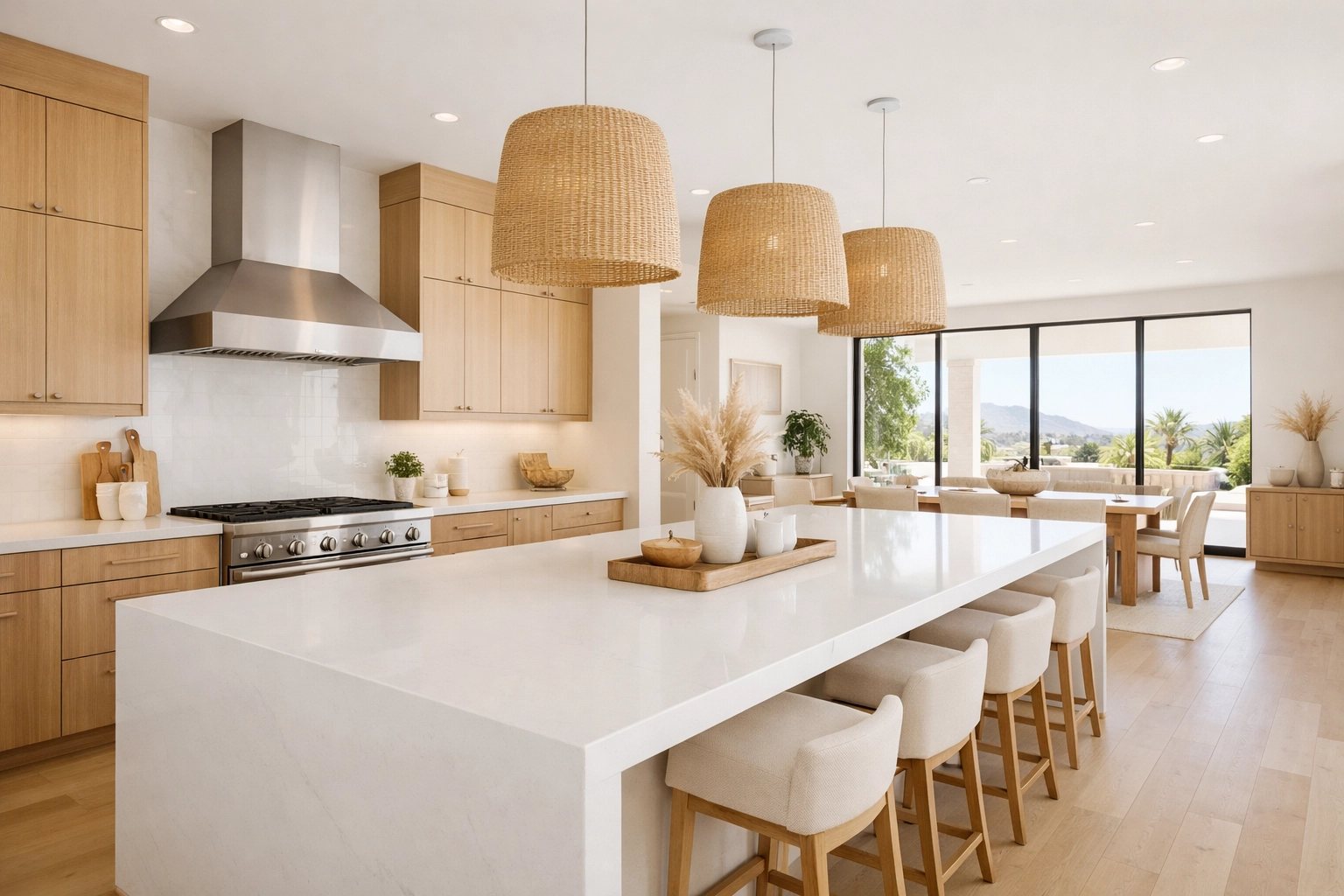 Open-concept Phoenix kitchen remodel featuring a white quartz island and light oak cabinets in a bright layout.