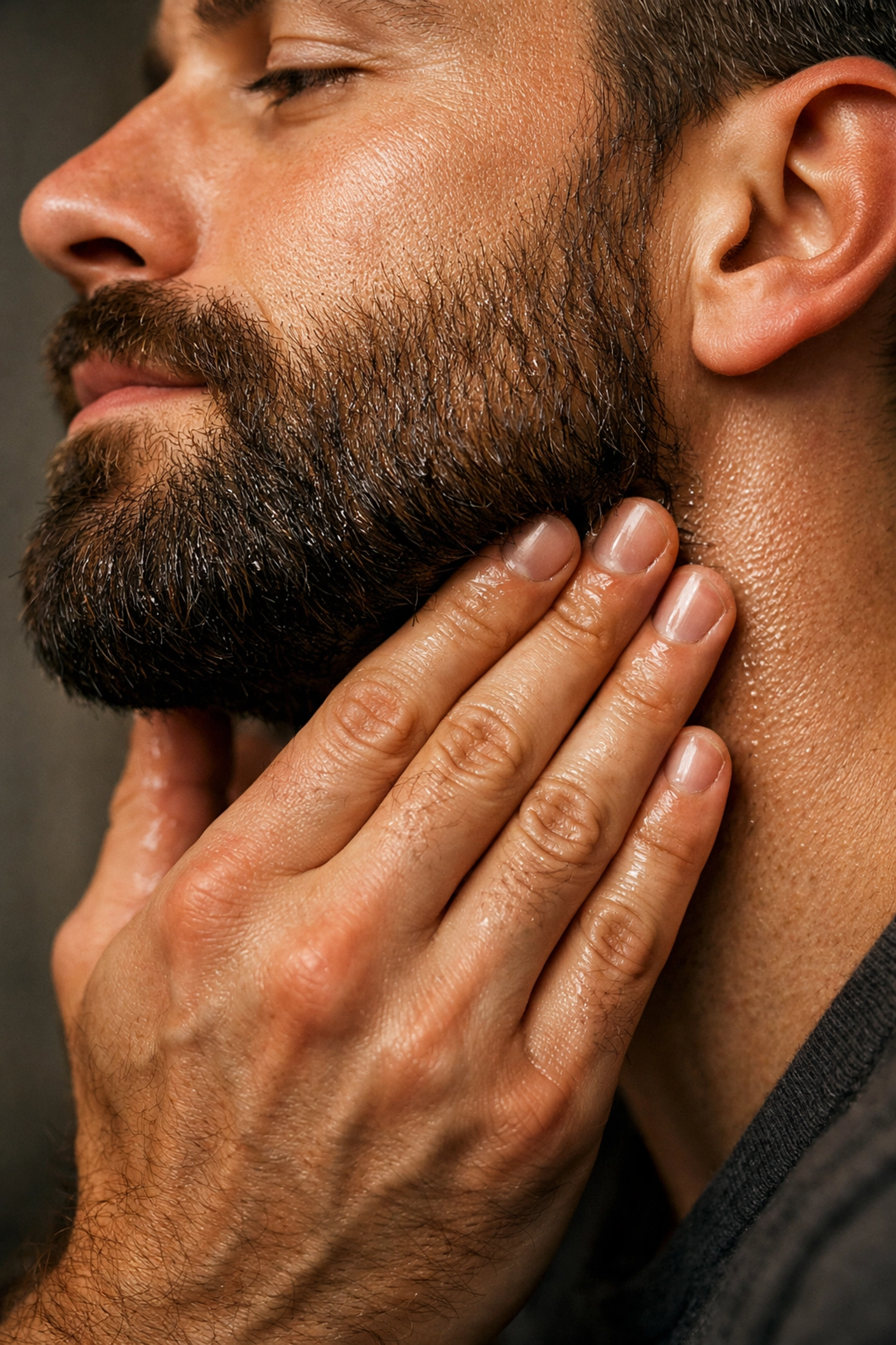 A man massaging beard oil into his skin to prevent itch and promote a healthy beard environment.