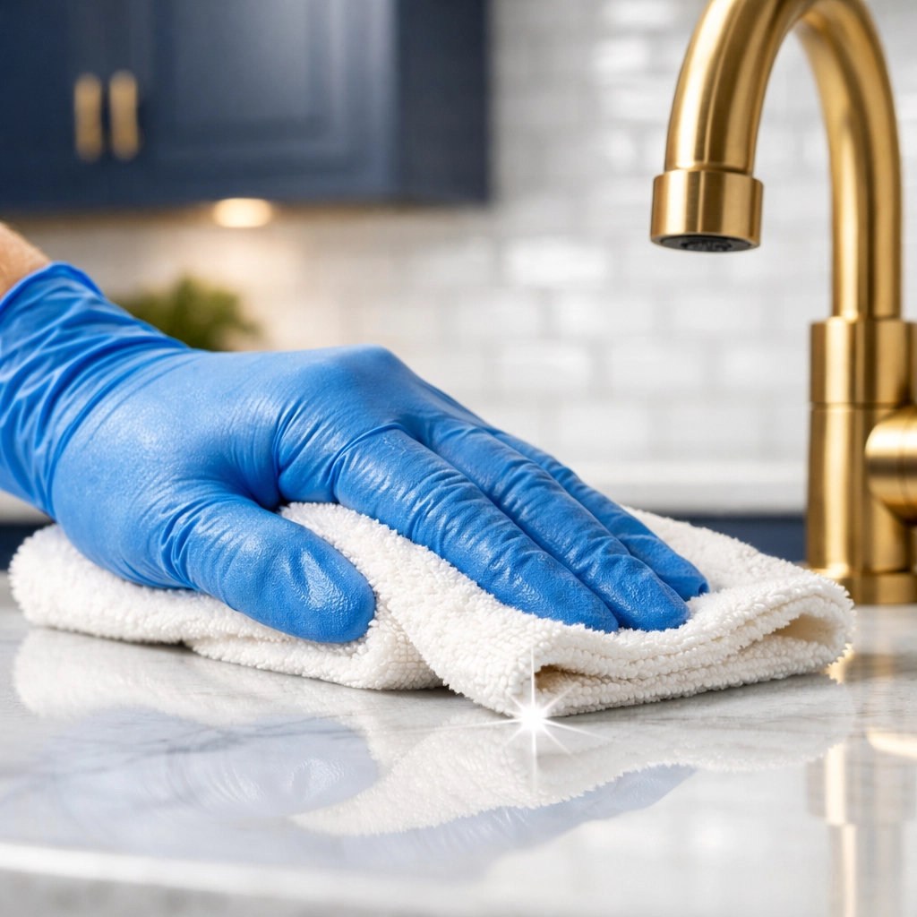Deep cleaning a luxury kitchen marble countertop during post construction cleaning in Carlisle.