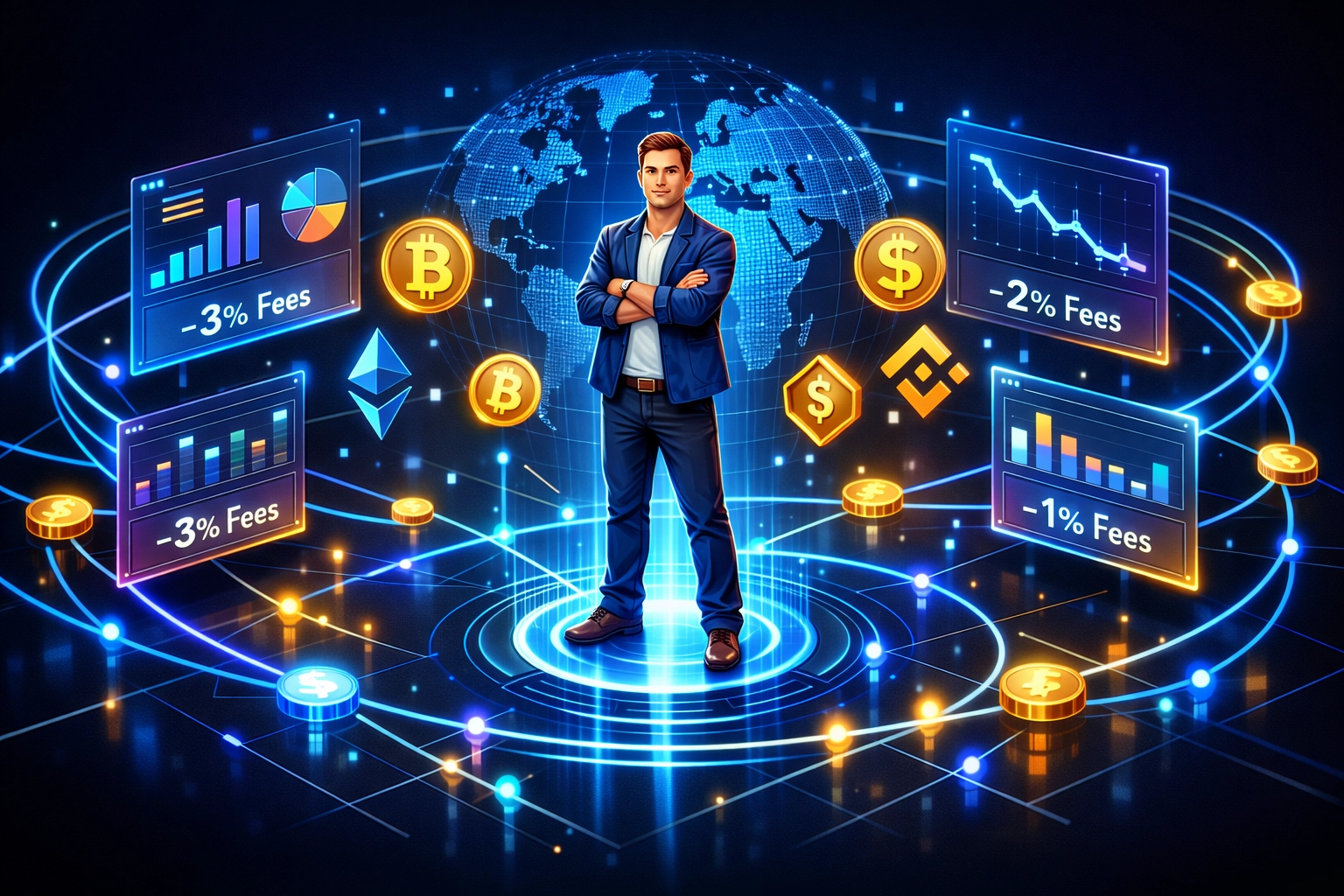 Small business owner managing Web3 global payments with self-custody merchant account dashboard