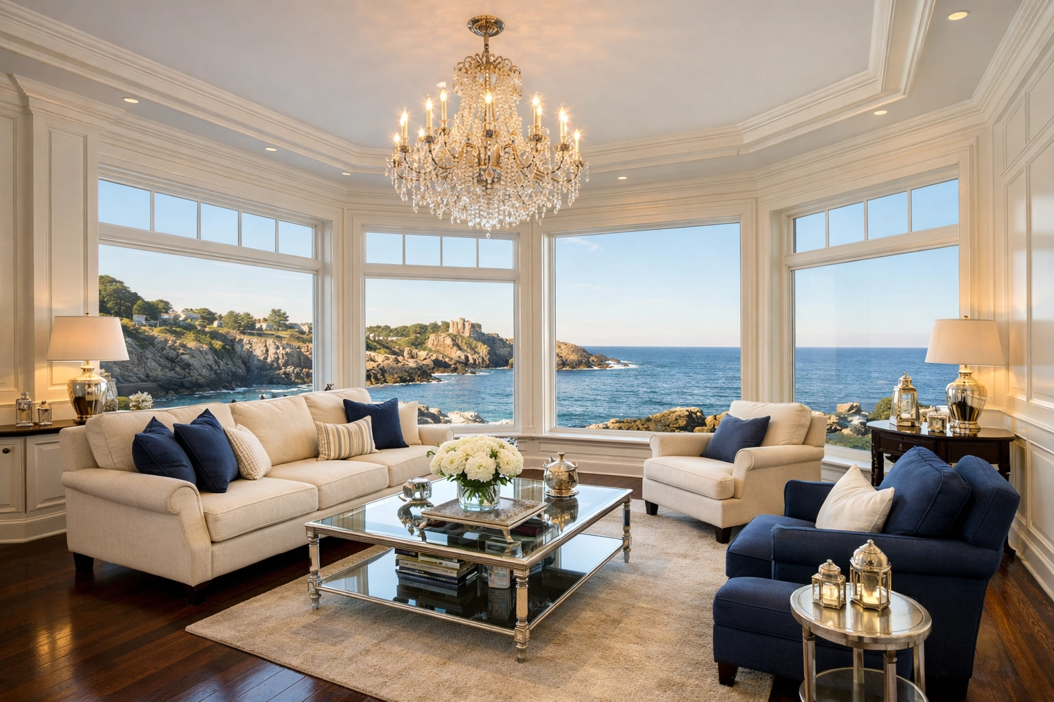 Luxury residential cleaning in Marblehead living room with coastal views of Castle Rock and spotless hardwood floors.