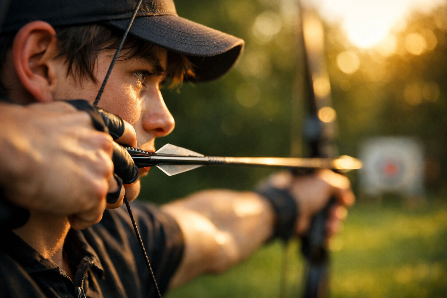 Focused high school archer aiming a bow, representing niche NIL brand potential for athletes.