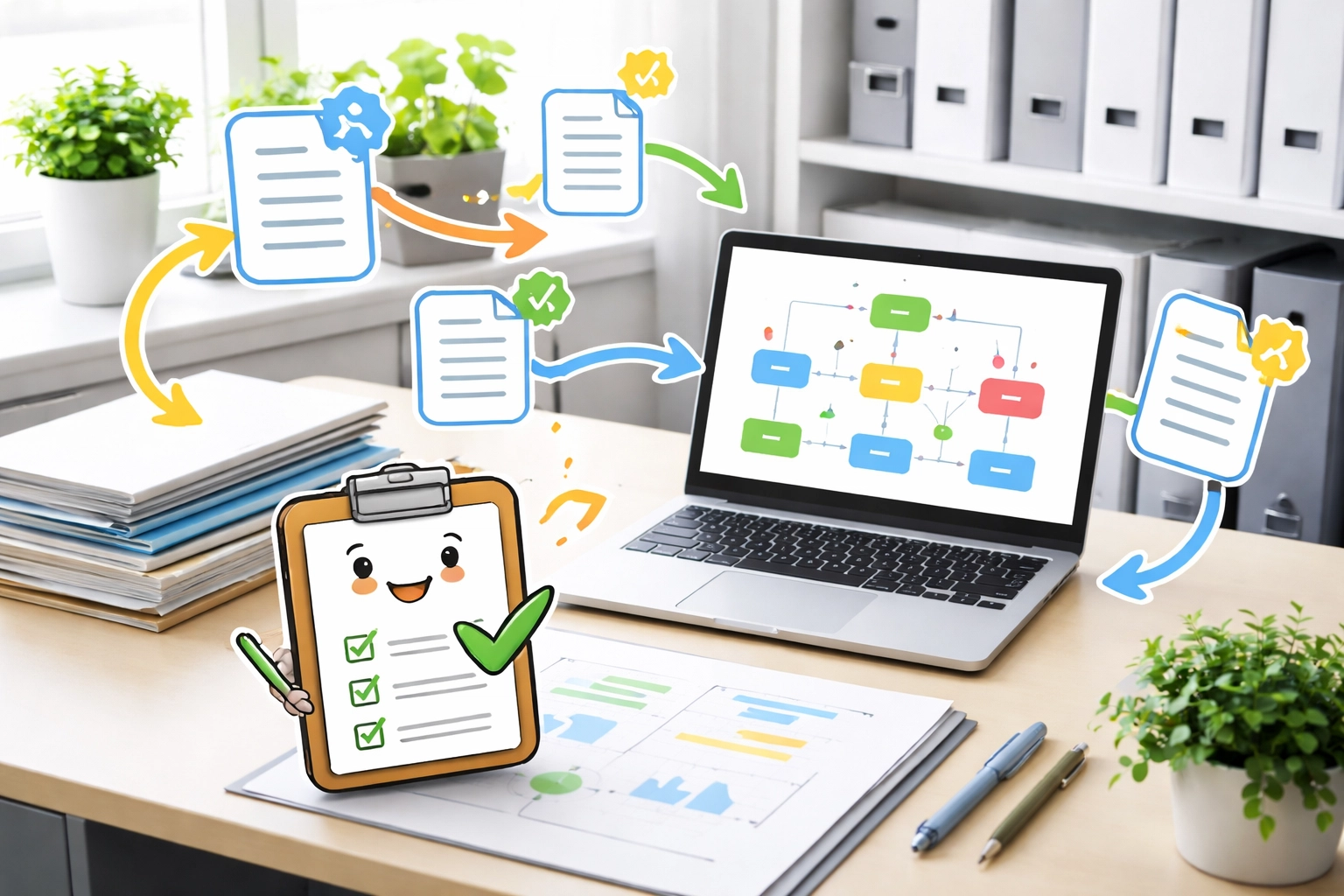 Organised office workspace with documentation and flowcharts, illustrating ISO audit readiness and quality management system documentation