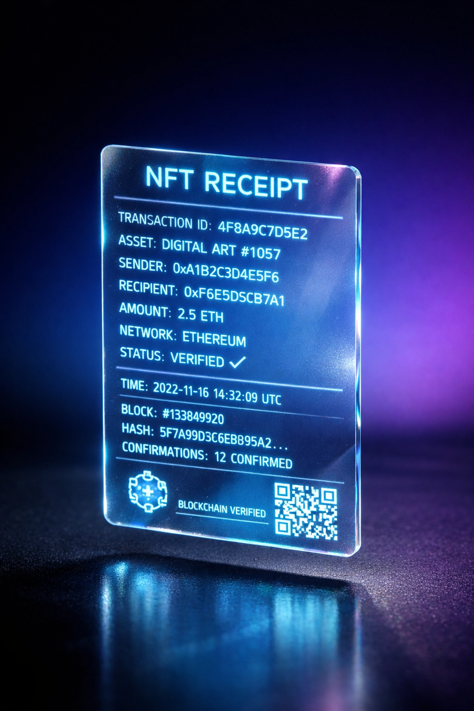 NFT receipt with blockchain transaction data for merchant accounting