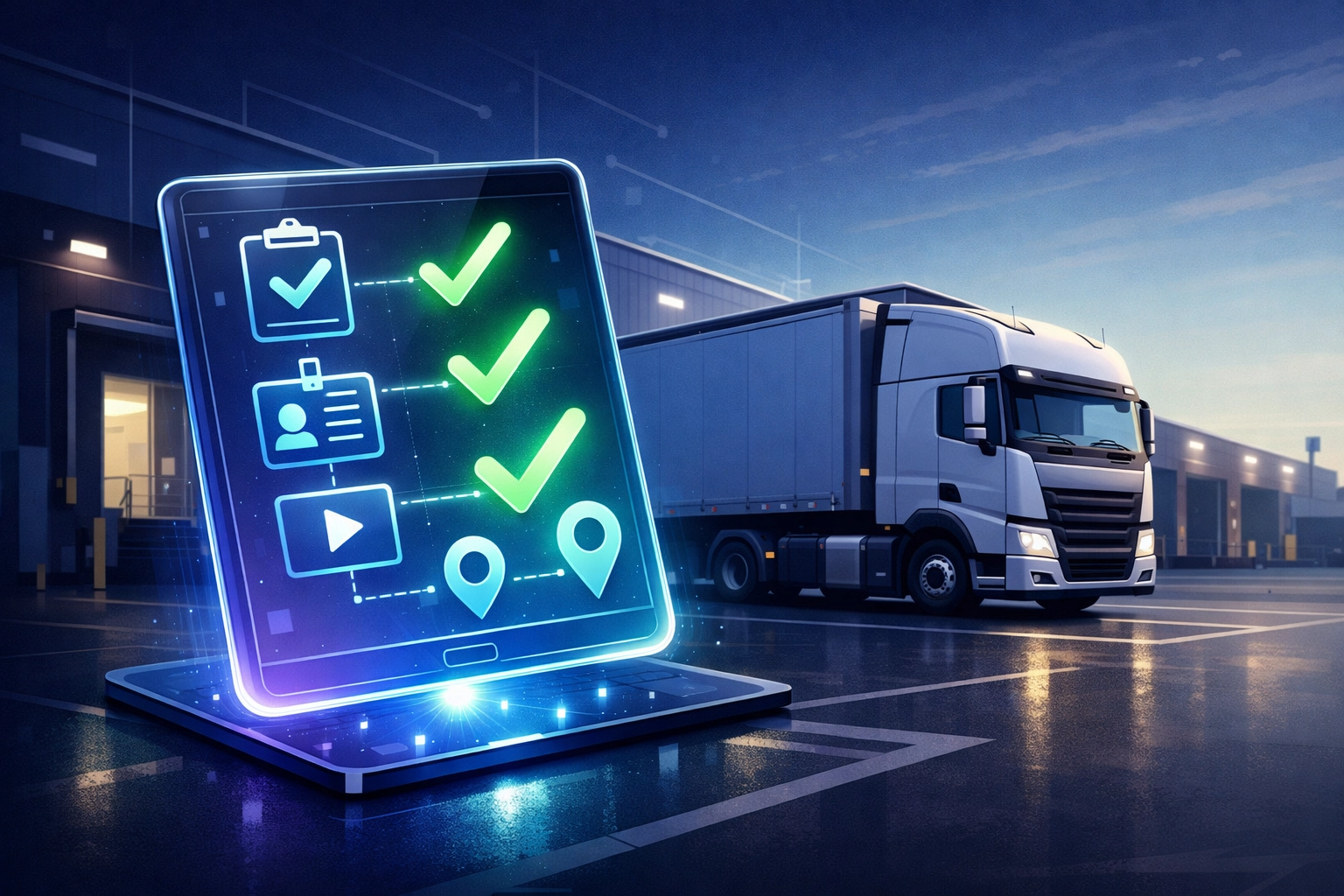 Digital HGV driver induction and streamlined onboarding at a modern logistics facility.