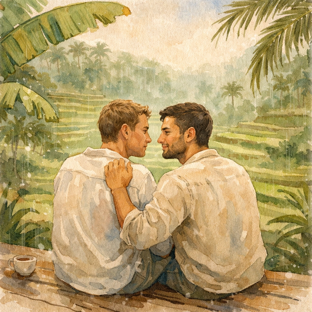 Gay couple sharing intimate moment on wooden deck overlooking Ubud rice terraces in Bali