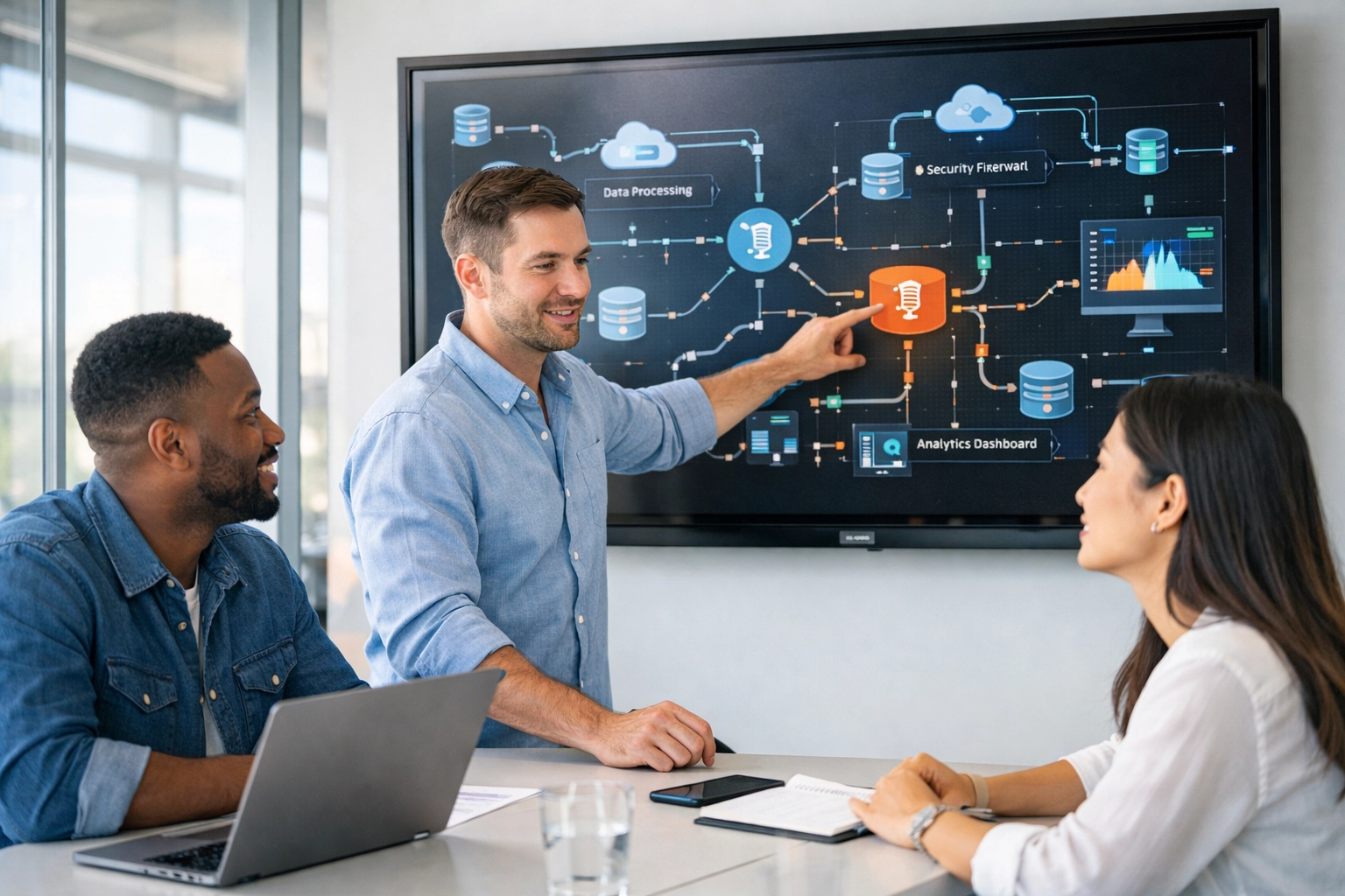 IT consultants at a ServiceNow implementation partner analyzing ITOM workflow automation on a digital display.