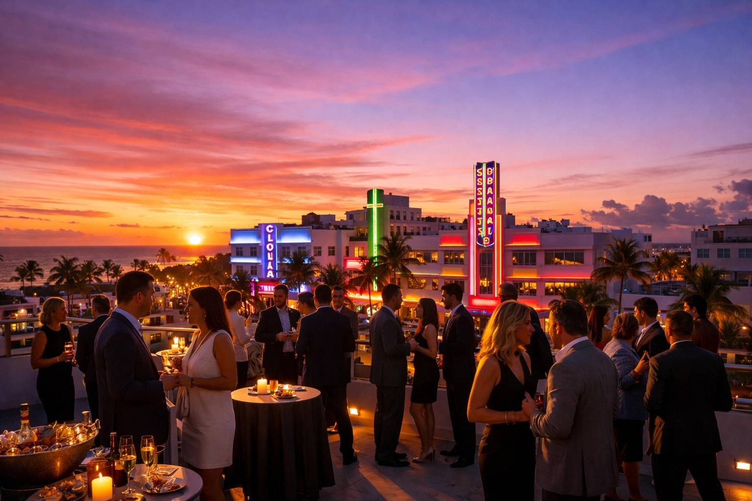 Corporate cocktail event on a South Beach rooftop captured by a commercial photographer during magic hour.
