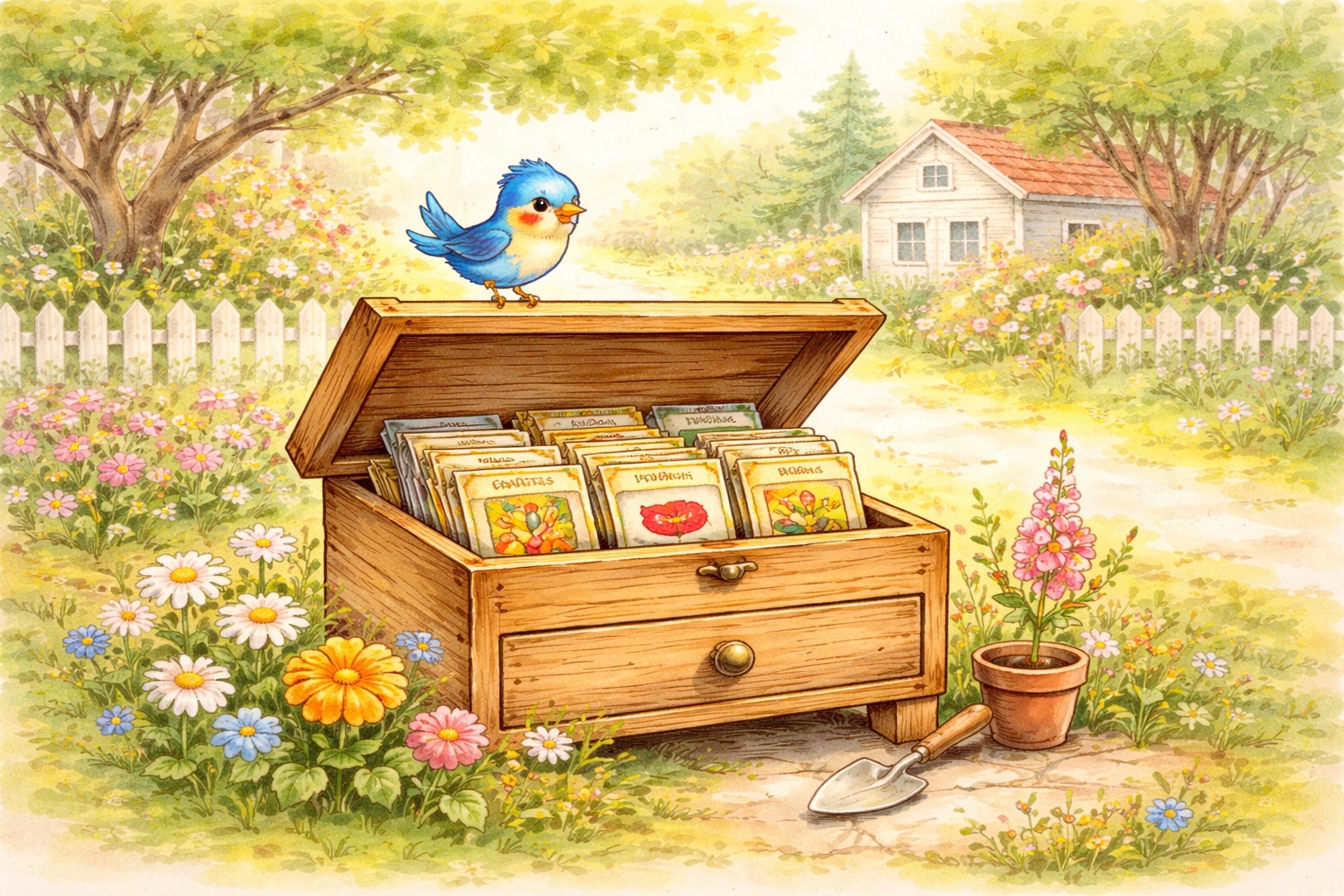 Vintage storybook illustration of a neighborhood seed library box in a sunny garden with flowers and a bluebird