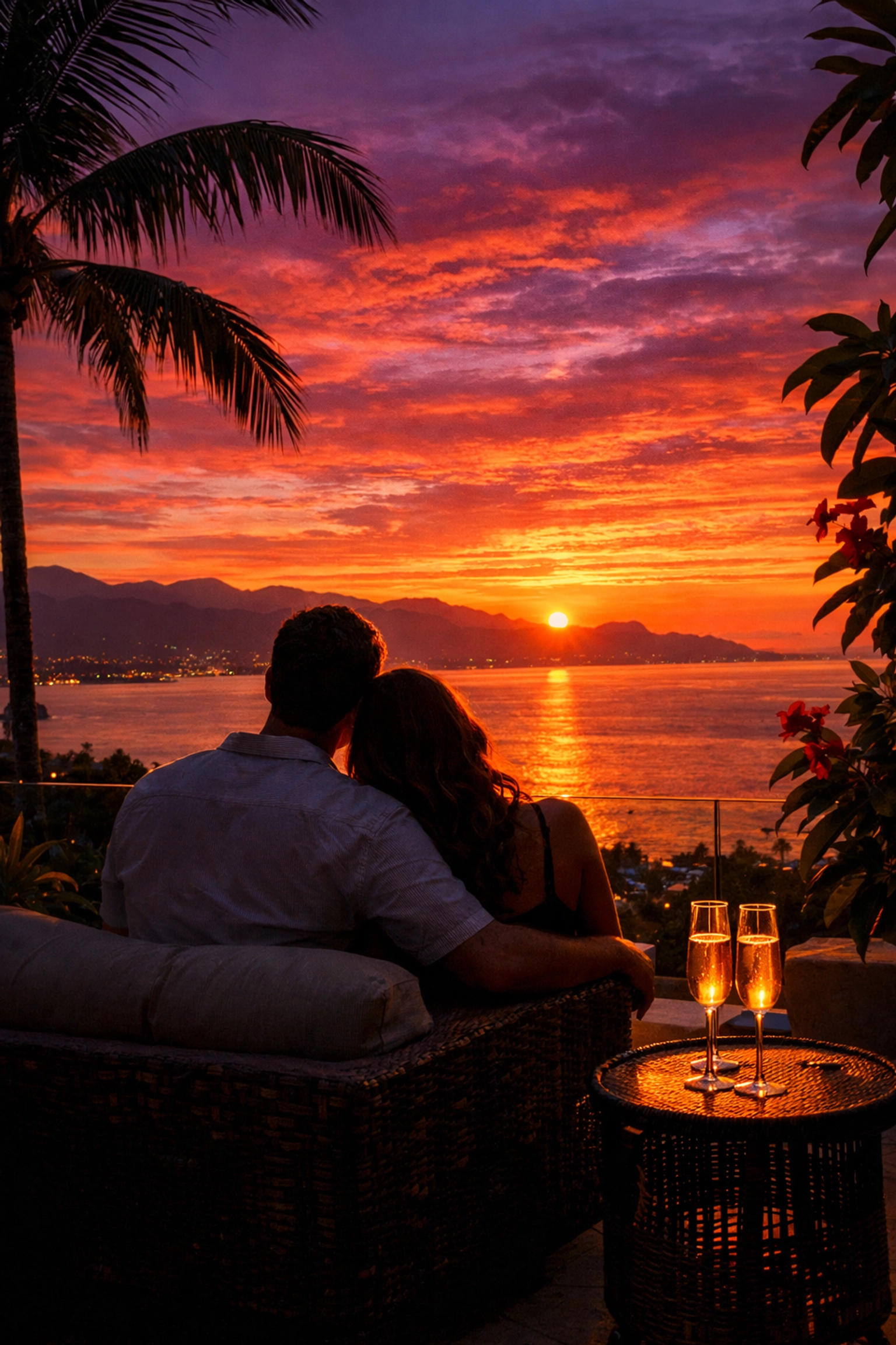 Couple watching spectacular Banderas Bay sunset from romantic Amapas terrace in Puerto Vallarta
