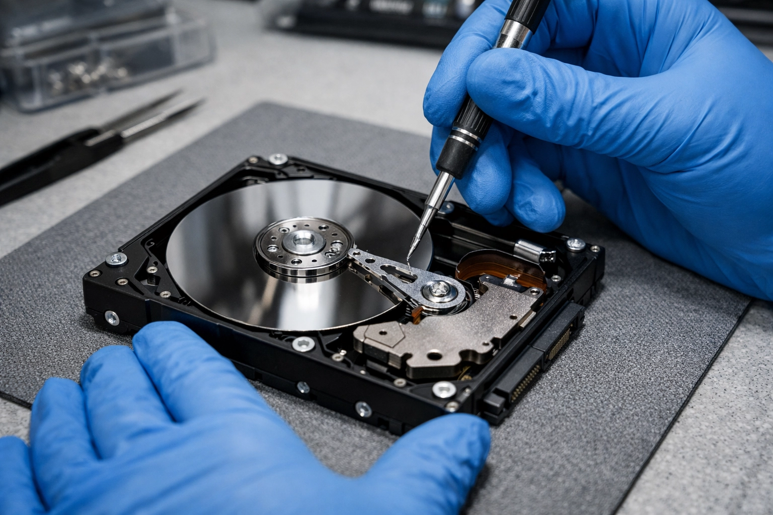 Professional hard drive dismantling for secure data destruction and IT recycling services.