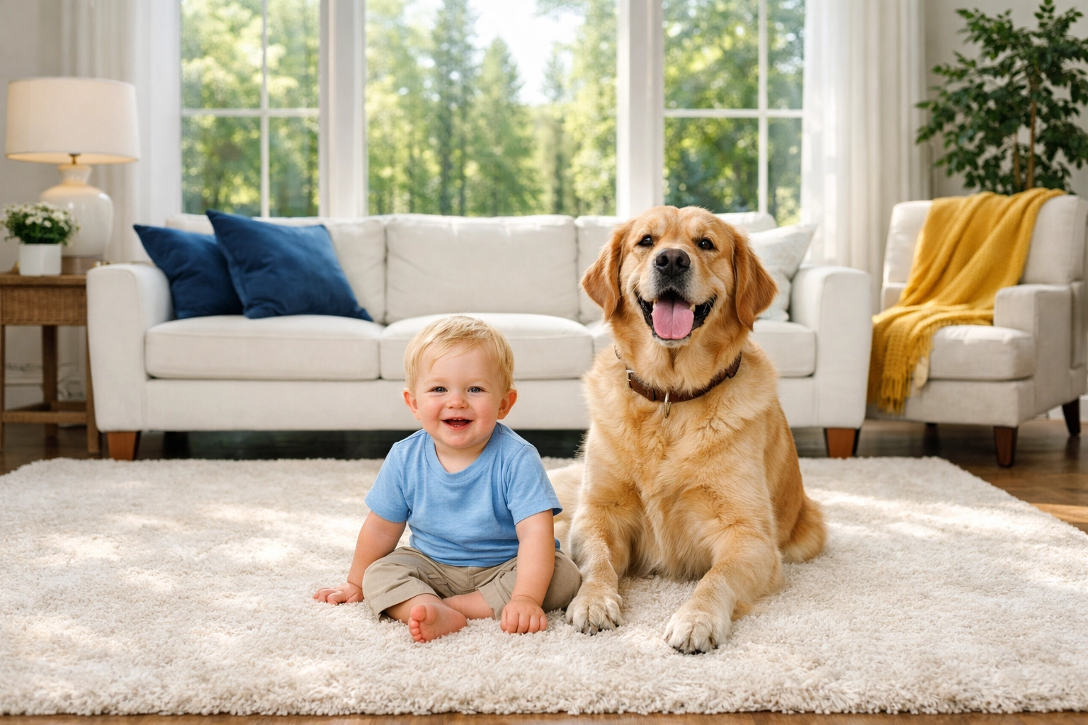 Clean suburban living room showing safe, eco-friendly cleaning results for Lincoln families and pets.