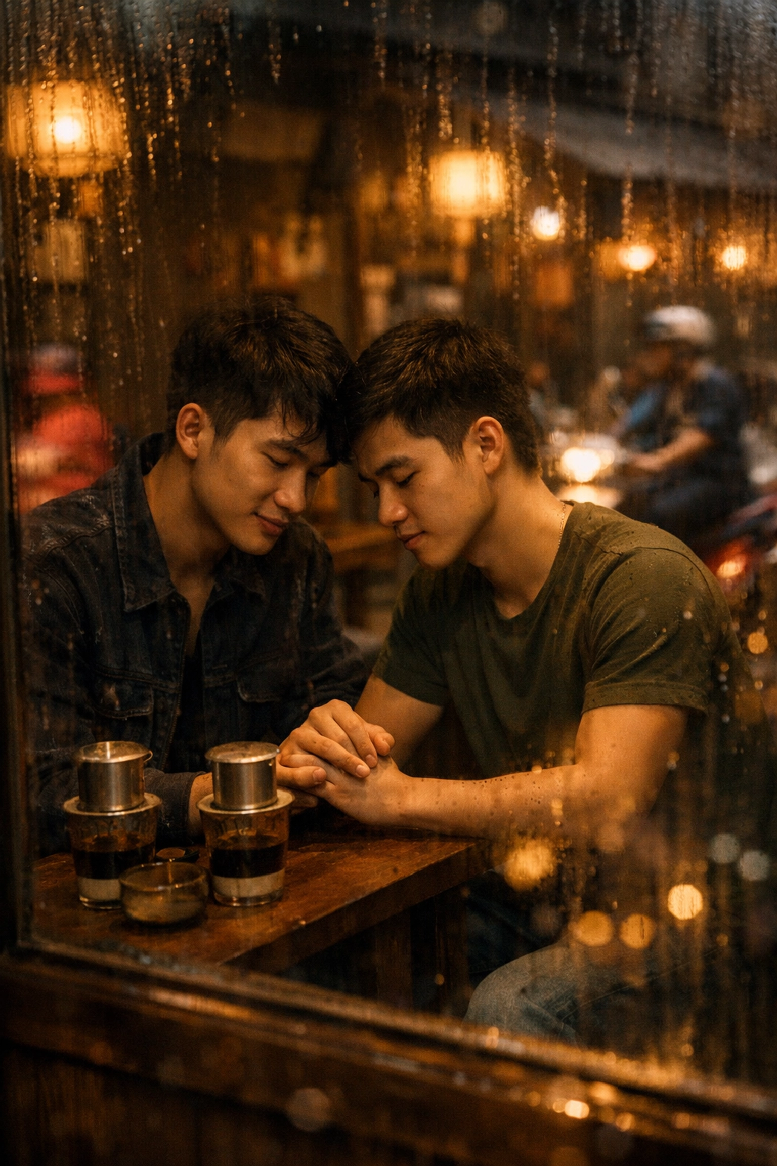 Gay couple sharing intimate moment in hidden Hanoi café during Vietnam's queer emergence