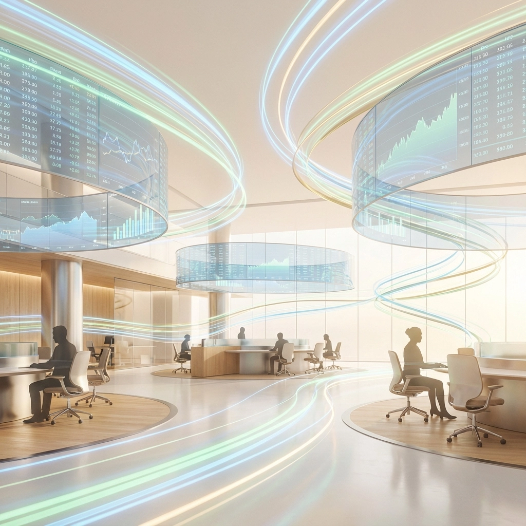People working at desks in a futuristic office with swirling digital stock charts. Bright, modern setting with a focus on technology and data.