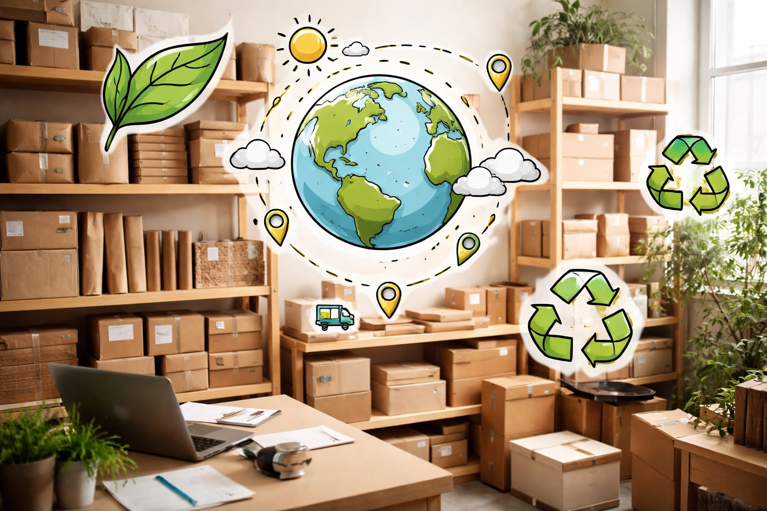 Small business warehouse with eco-friendly packaging, highlighting climate change integration in ISO 9001:2026