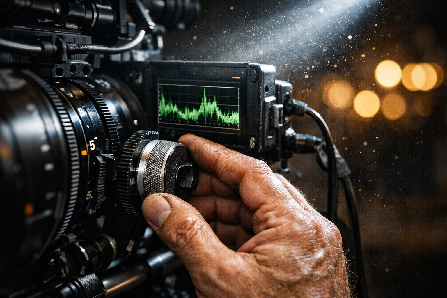 Professional videographer adjusting settings on a cinema camera rig for high-quality video production.