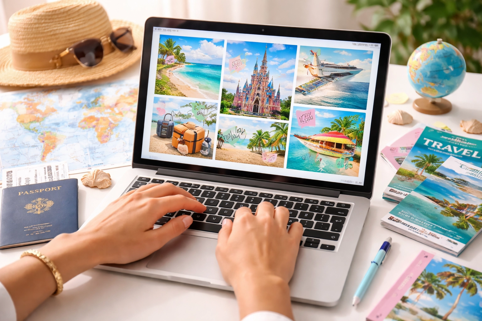 Woman planning family vacations online with travel brochures and world map, showcasing work-from-home advisor opportunities.
