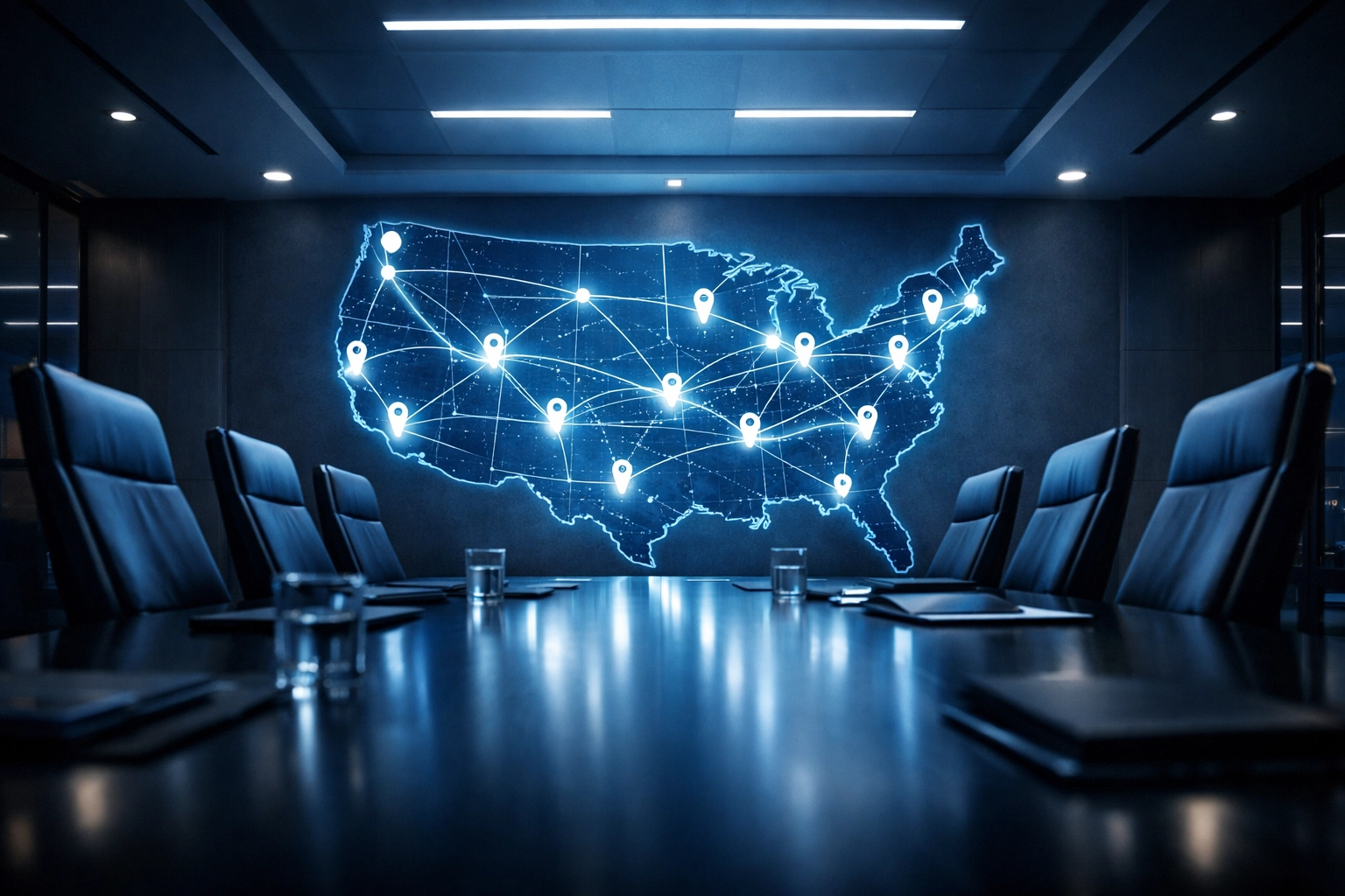 Multi-location business network map showing POTS line replacement across United States