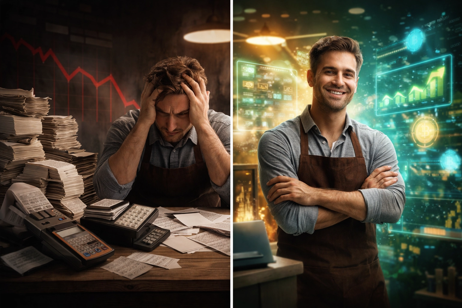 Side-by-side comparison of traditional payment headaches and modern crypto payment solutions for merchants