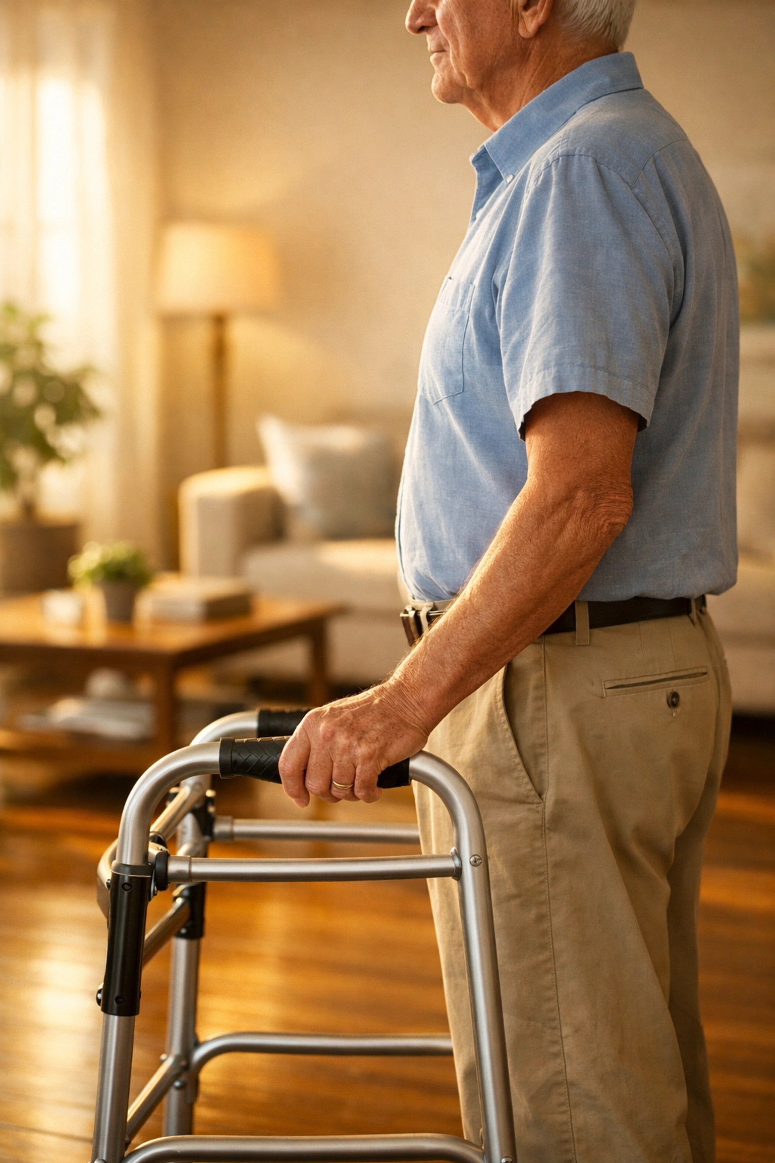 Elderly man demonstrating correct walker height with handle at wrist level and a slight elbow bend.