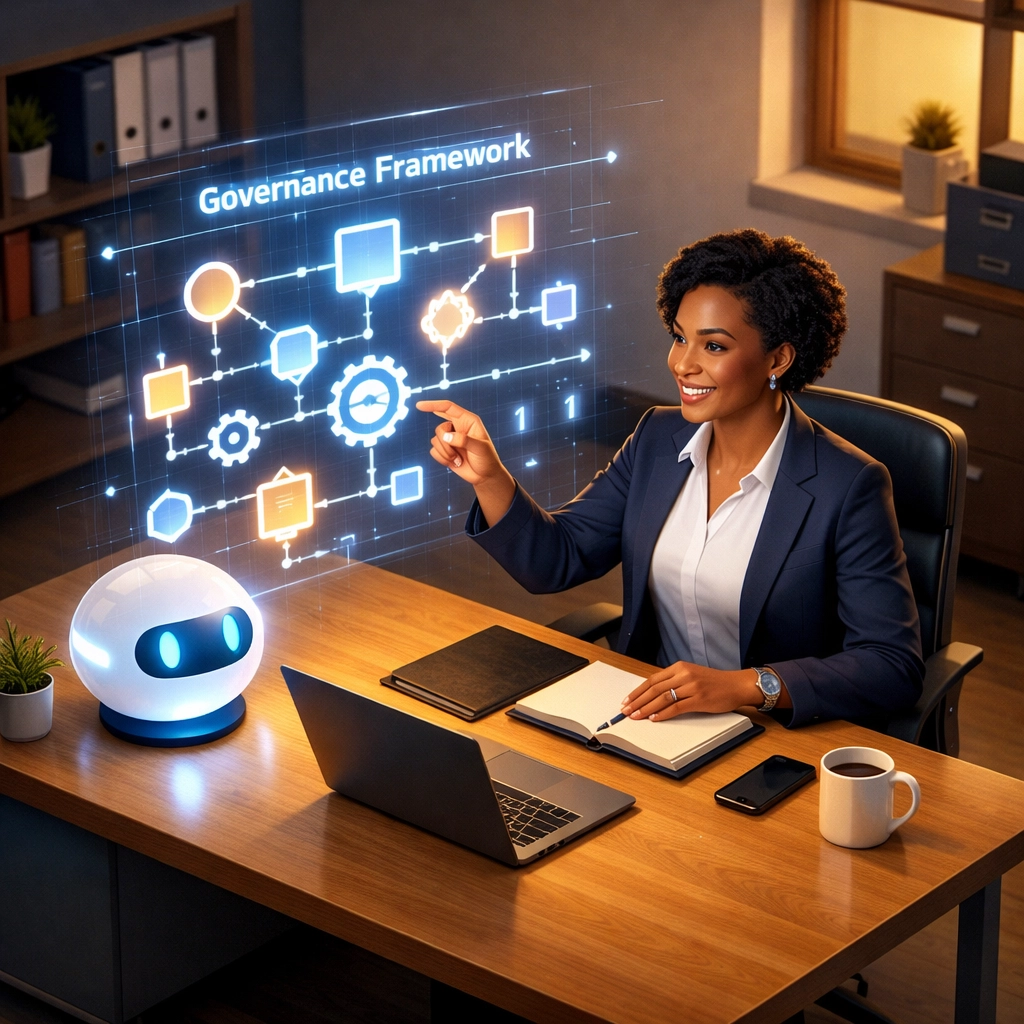 A professional reviewing a digital AI governance flowchart to ensure human-in-the-loop oversight and operational safety.