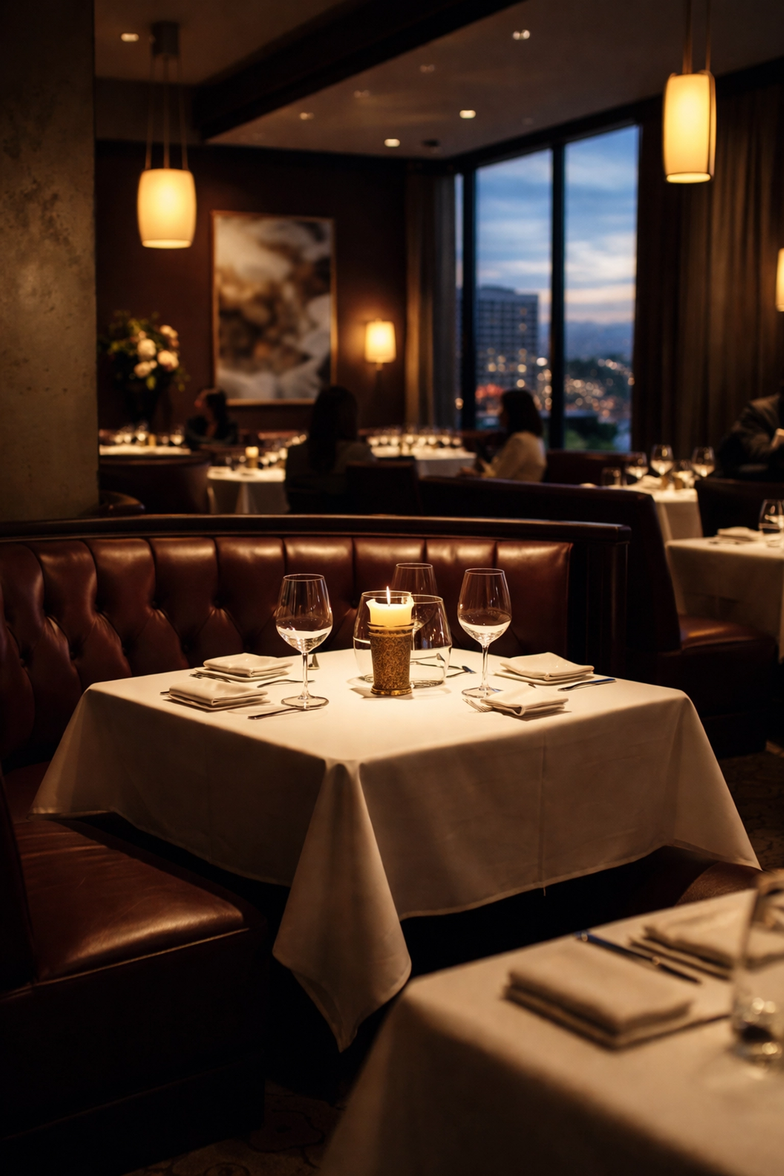 Fine Dining for Business Travelers – Orange County 2 Elegant fine dining restaurant with plush leather booth, ideal for executive business dinners in Orange County