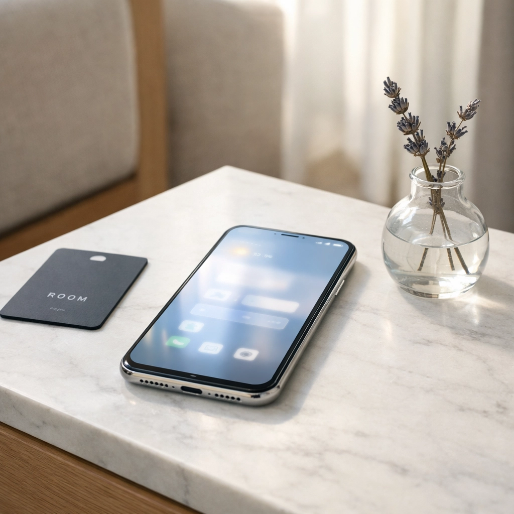 Smartphone on a minimalist bedside table showing AI-integrated guest services in a modern hotel suite.
